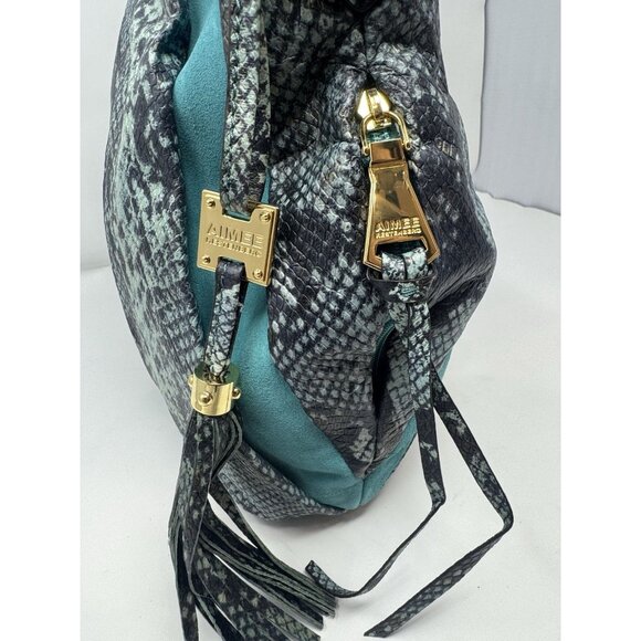Aimee Kestenberg Leather Handbag Teal/Faux Snakeskin Tasseled Purse Gold NWT - Picture 6 of 16